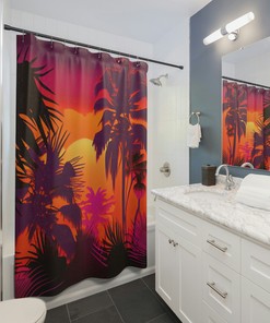 Tropical Sunset Golden Hour Shower Curtain, Perfect For Beach Theme Bathroom Decor
