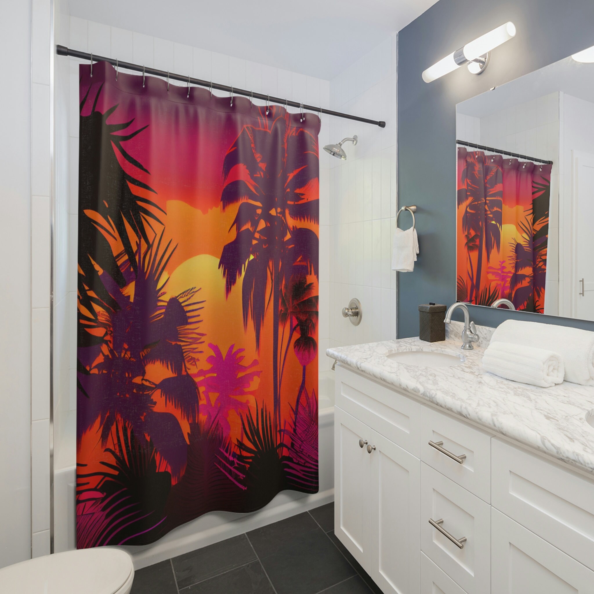Tropical Sunset Golden Hour Shower Curtain, Perfect For Beach Theme Bathroom Decor