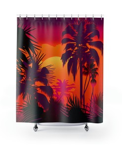Tropical Sunset Golden Hour Shower Curtain, Perfect For Beach Theme Bathroom Decor