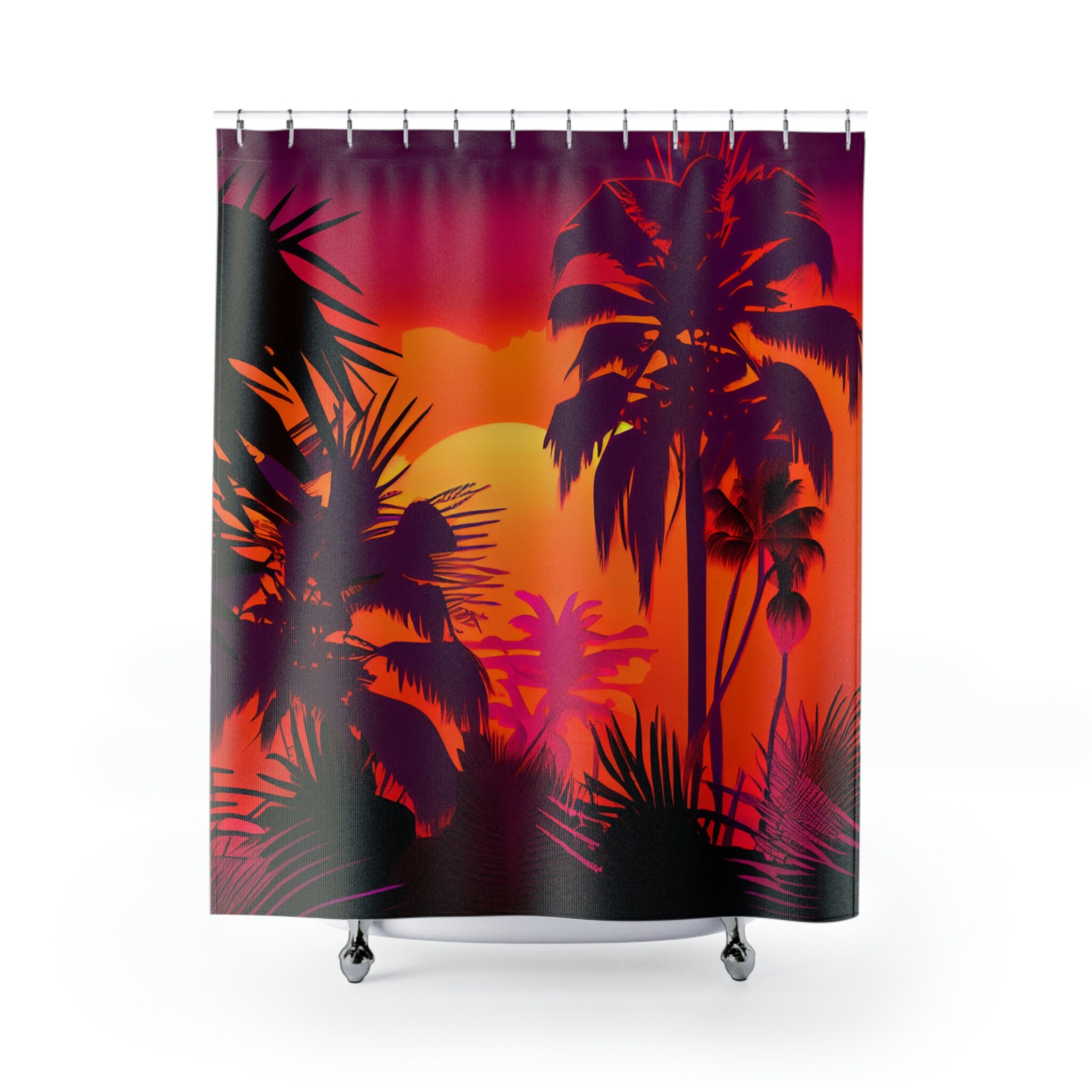 Tropical Sunset Golden Hour Shower Curtain, Perfect For Beach Theme Bathroom Decor