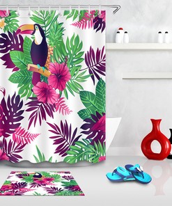 Tropical Toucan Flamingo Flowers Leaves Waterproof Shower Curtain
