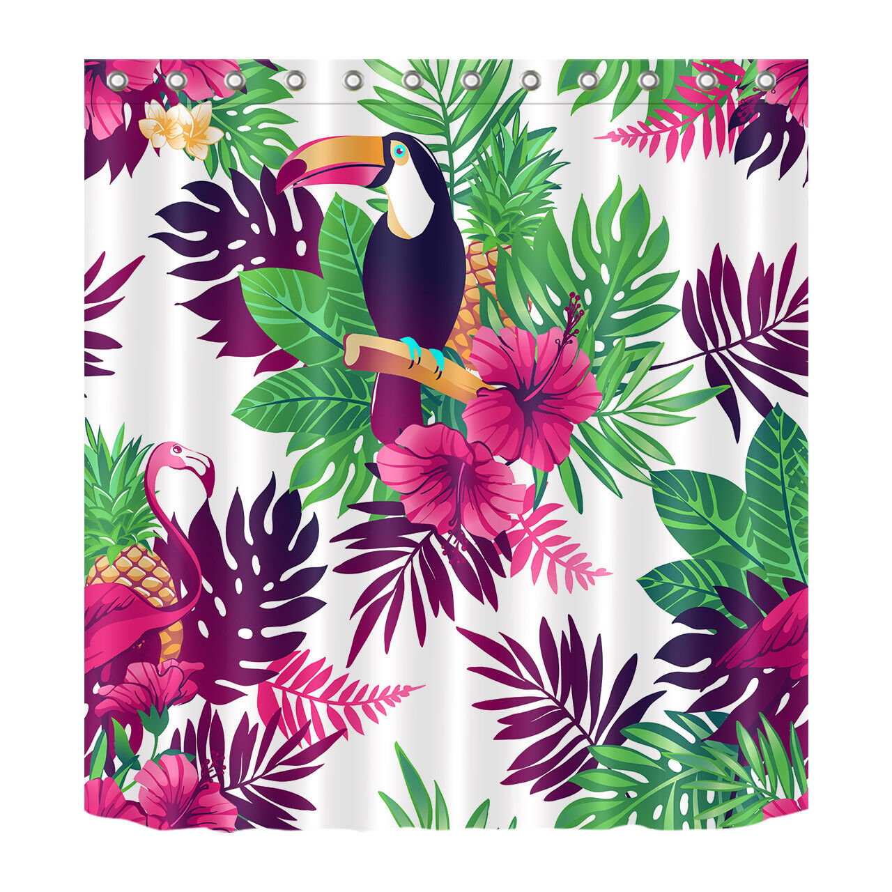 Tropical Toucan Flamingo Flowers Leaves Waterproof Shower Curtain - Image 2