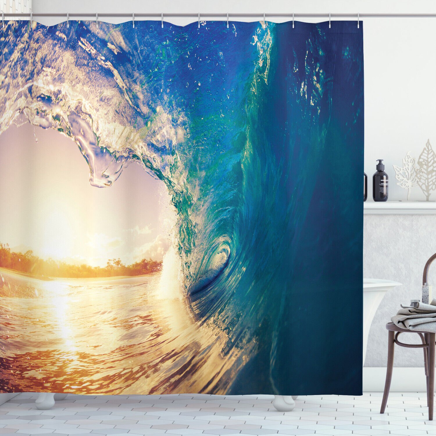 Tropical Trees Shoreline Ocean Print Shower Curtain for Bathroom