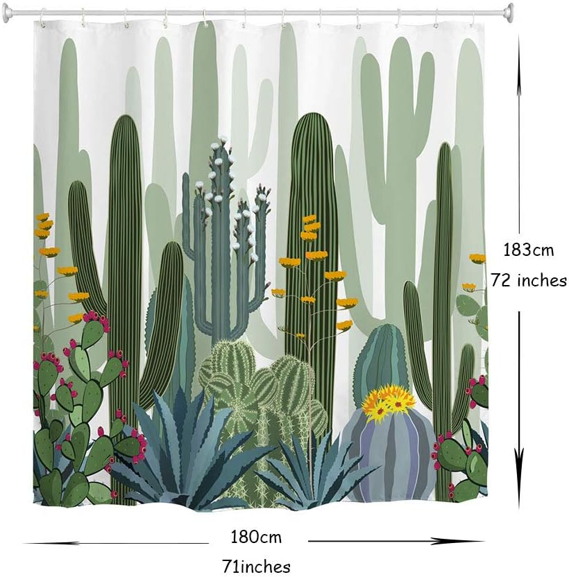 Tropical Watercolor Cactus Fabric Shower Curtain for Bathrooms Decor