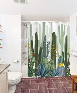 Tropical Watercolor Cactus Fabric Shower Curtain for Bathrooms Decor