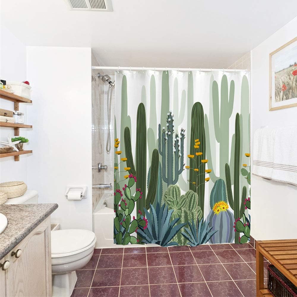 Tropical Watercolor Cactus Fabric Shower Curtain for Bathrooms Decor