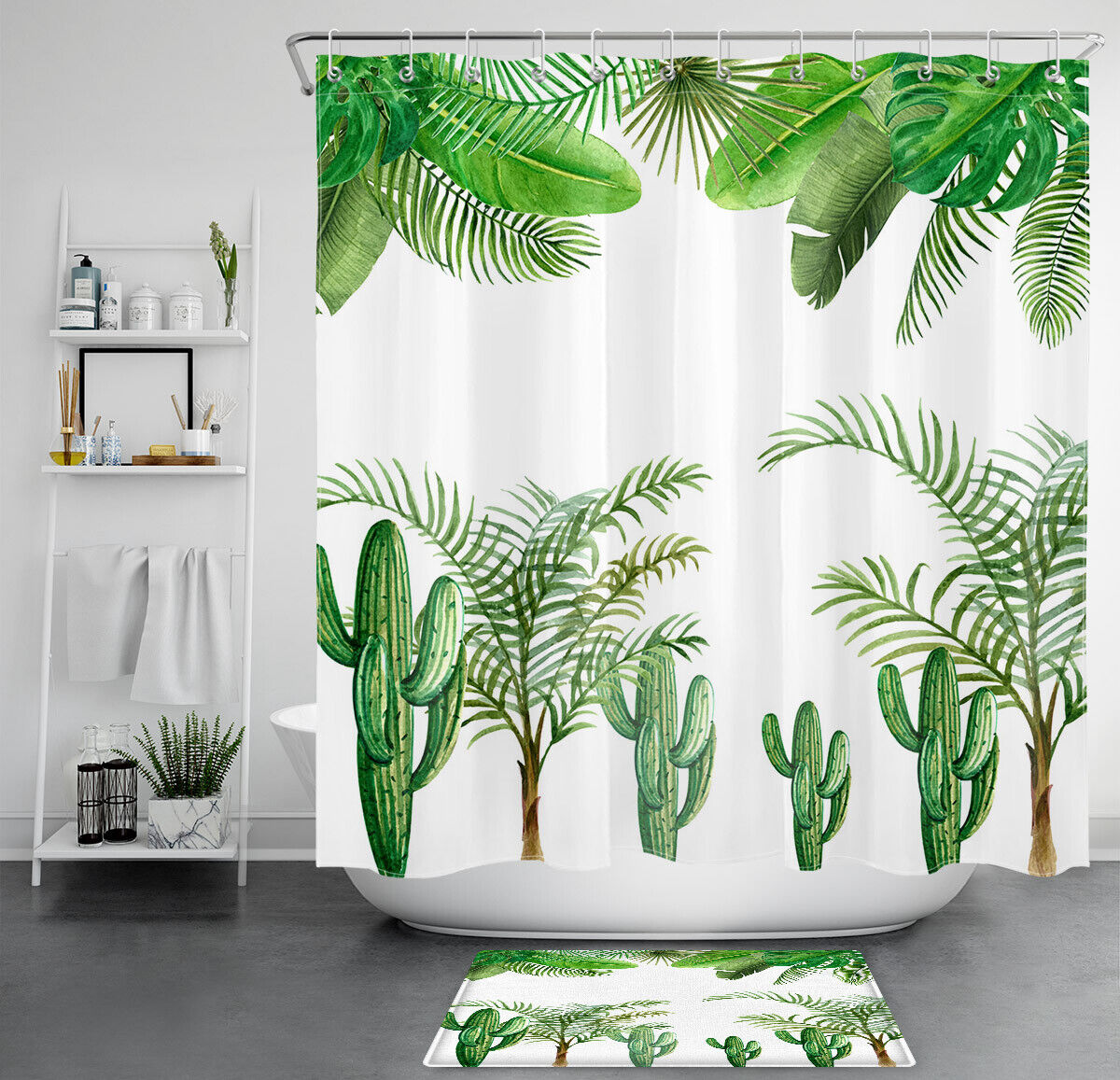 Tropical Watercolor Cactus Palm Leaves Shower Curtain for a Vacation Vibe Bathroom