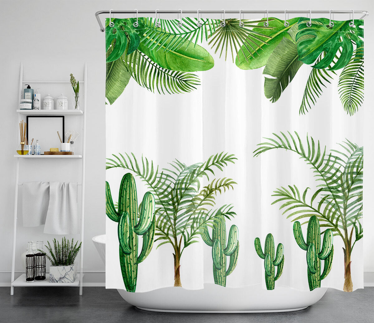 Tropical Watercolor Cactus Palm Leaves Shower Curtain for a Vacation Vibe Bathroom