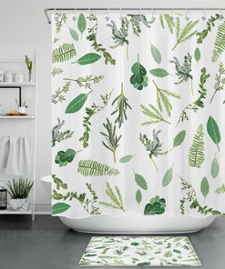 Tropical Watercolor Shower Curtain With Green Leaves And Botanical Prints For A Vibrant Bathroom 