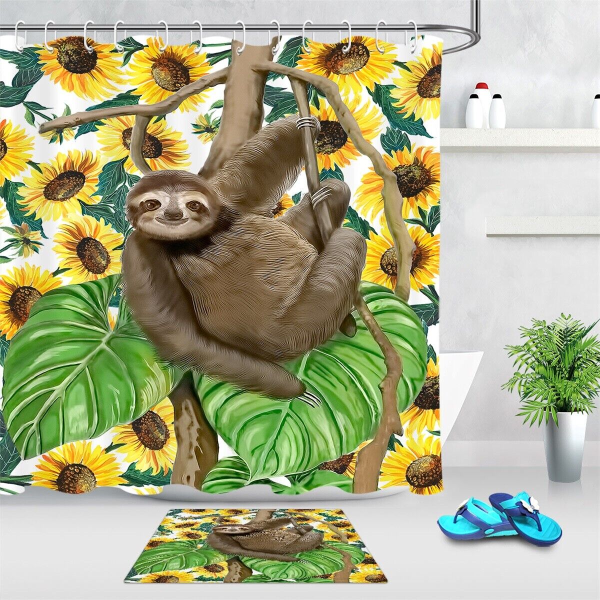 Tropical Watercolor Sloth Sunflower Leaves Shower Curtain for Bathroom