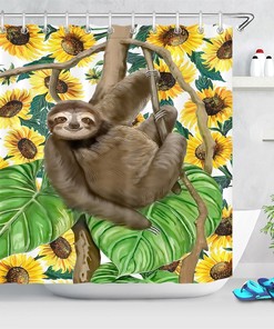 Tropical Watercolor Sloth Sunflower Leaves Shower Curtain for Bathroom