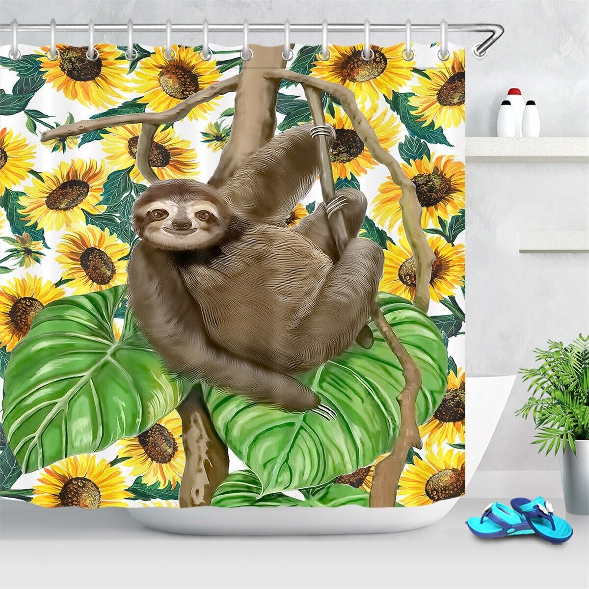 Tropical Watercolor Sloth Sunflower Leaves Shower Curtain for Bathroom