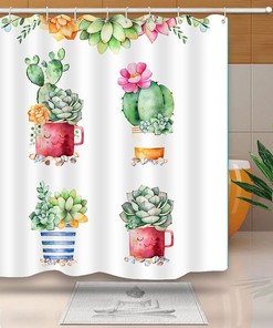 Tropical Watercolor Succulent Cactus Shower Curtain, Vibrant Colorful Boho Floral Bathroom Decors, Fabric Bath Curtain