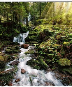 Tropical Waterfall Shower Curtain, Nature Bathroom Decor with Rainforest and Green Trees 
