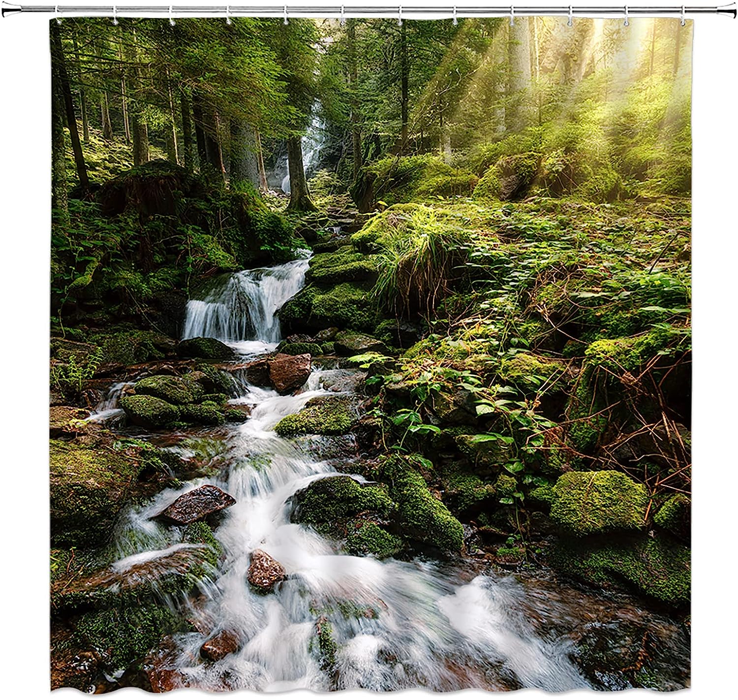 Tropical Waterfall Shower Curtain, Nature Bathroom Decor with Rainforest and Green Trees