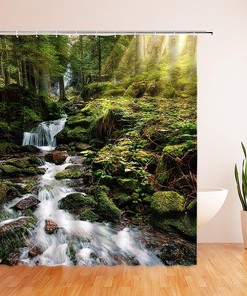 Tropical Waterfall Shower Curtain, Nature Bathroom Decor with Rainforest and Green Trees