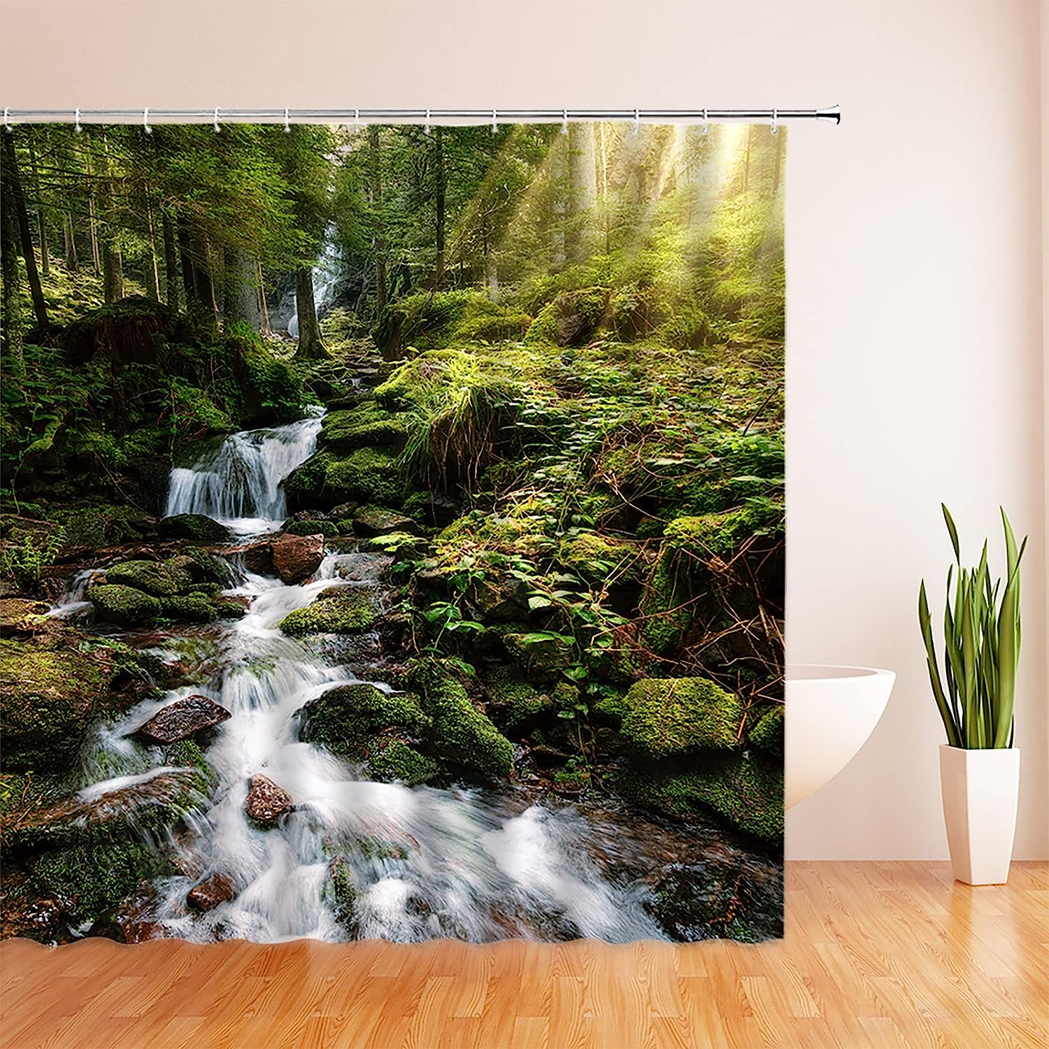 Tropical Waterfall Shower Curtain, Nature Bathroom Decor with Rainforest and Green Trees