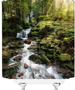 Tropical Waterfall Shower Curtain, Nature Bathroom Decor with Rainforest and Green Trees