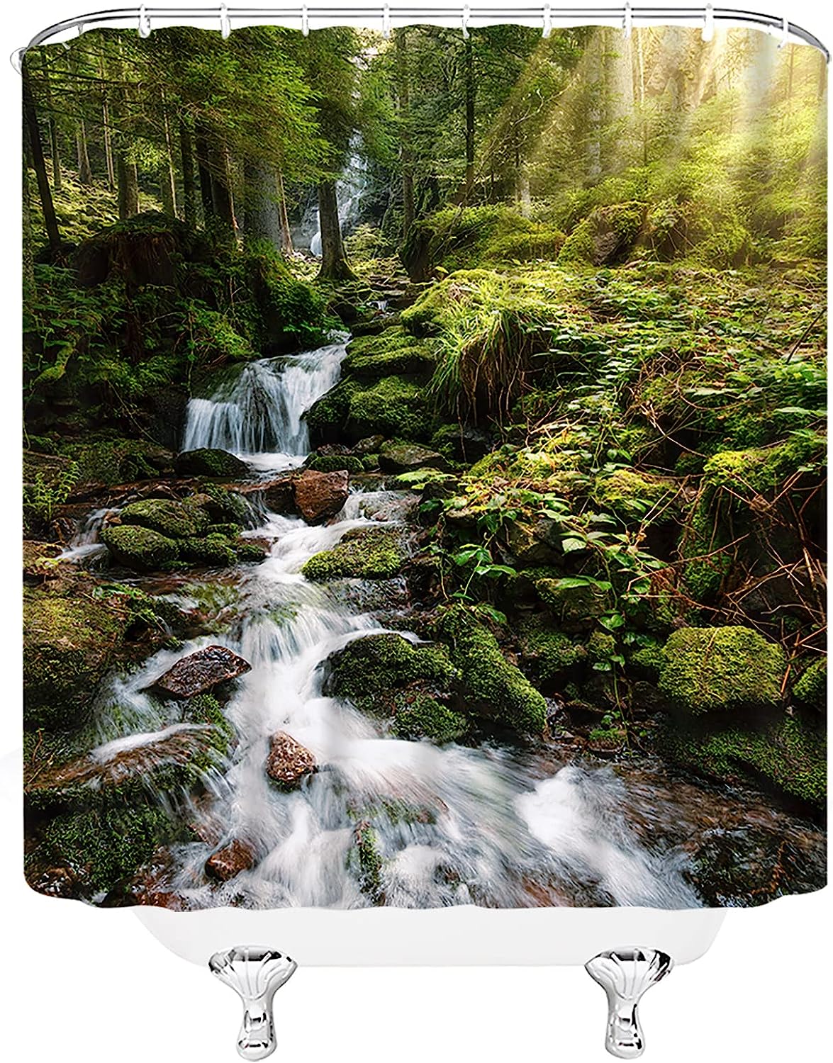 Tropical Waterfall Shower Curtain, Nature Bathroom Decor with Rainforest and Green Trees