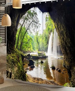 Tropical Waterfall Shower Curtain with Mountain and Cave Design for a Nature-Inspired Bath 