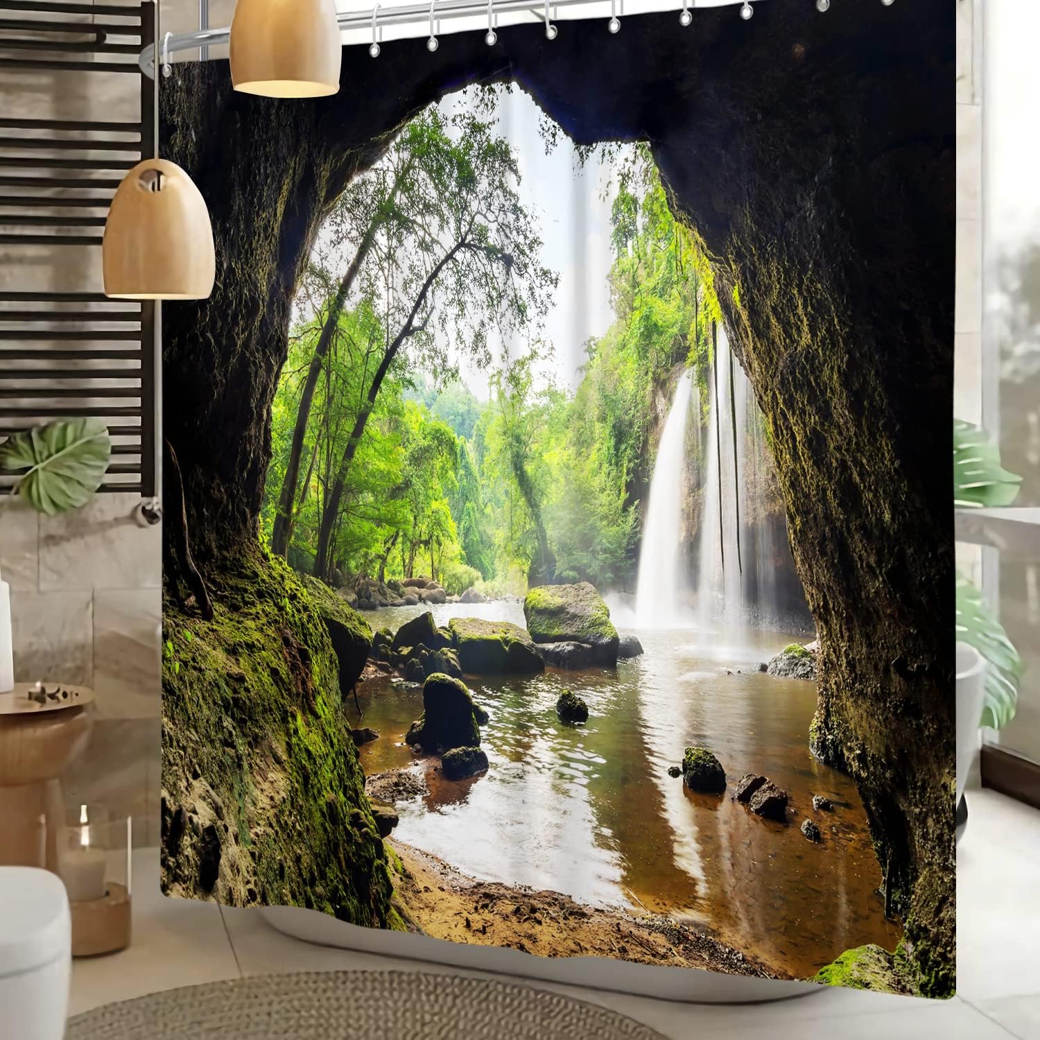 Tropical Waterfall Shower Curtain with Mountain and Cave Design for a Nature-Inspired Bath