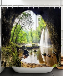 Tropical Waterfall Shower Curtain with Mountain and Cave Design for a Nature-Inspired Bath
