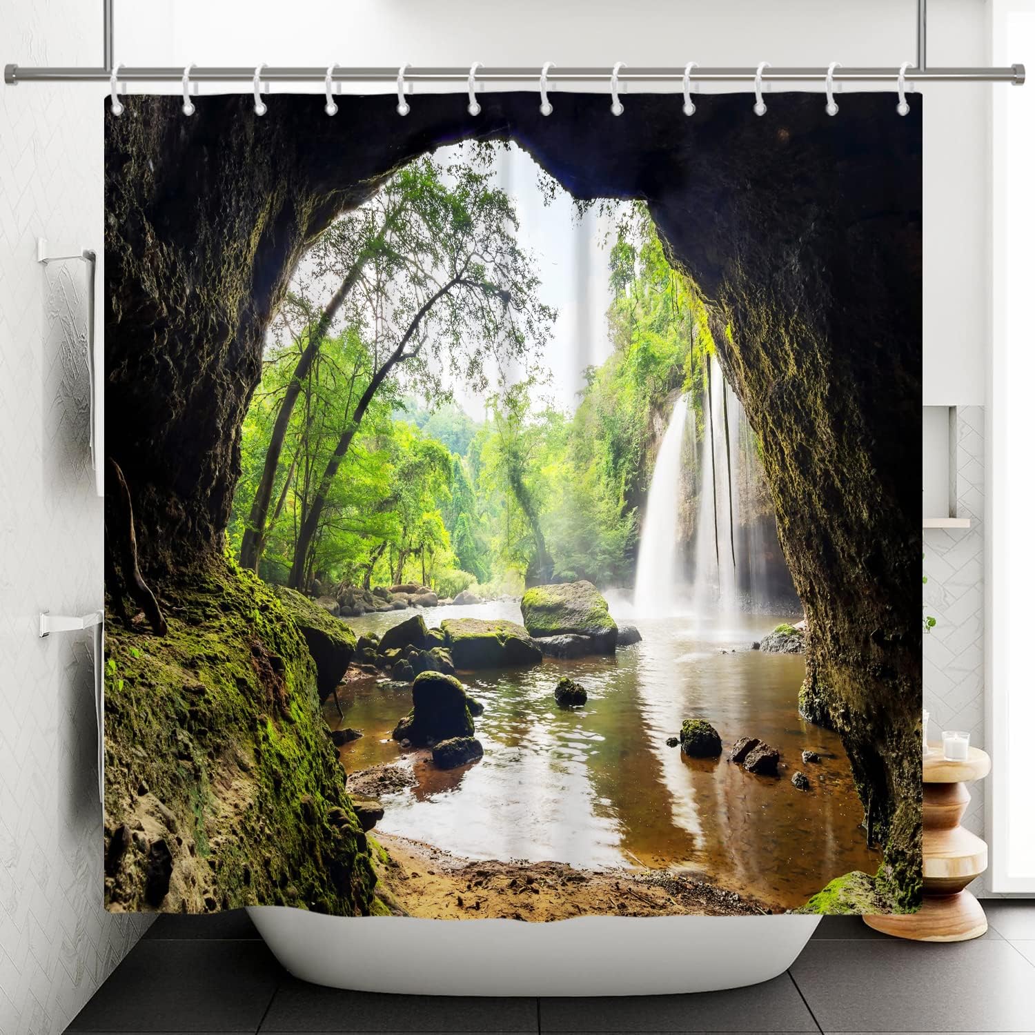 Tropical Waterfall Shower Curtain with Mountain and Cave Design for a Nature-Inspired Bath