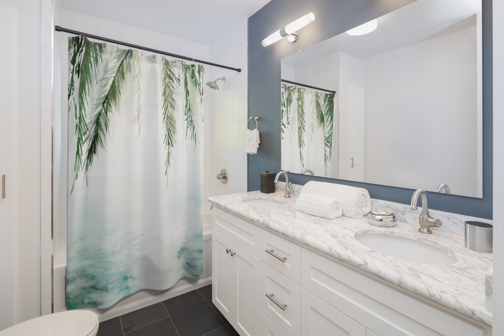 Tropical and Watercolor Floral Forest Green Shower Curtain