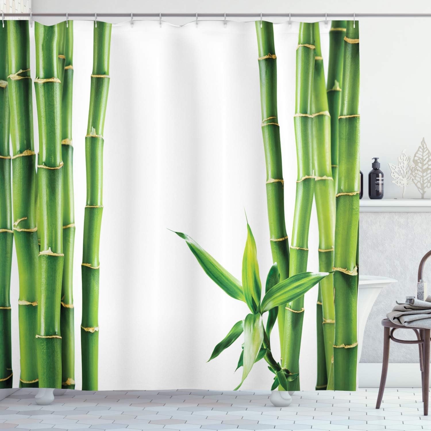 Tropics Plants Greenery Natural Lush Shower Curtain With Branches Of Bamboo Board Stalk Fabric For Bathroom