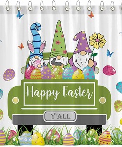 Truck And Butterfly Easter Gnomes Shower Curtain With Eggs And Grass For Bathroom Decor