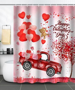 Truck Balloon Heart Shower Curtain, Cute Valentine'S Day Bathroom Decor