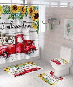 Truck Cow Sunflower Shower Curtain, Rustic Bathroom Accessory for Your Farmhouse-Inspired Bathroom