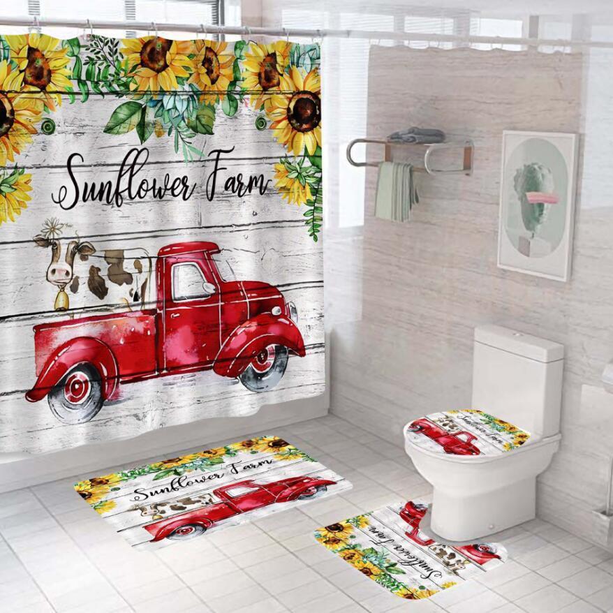Truck Cow Sunflower Shower Curtain, Rustic Bathroom Accessory for Your Farmhouse-Inspired Bathroom