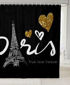 True Love Forever Paris Eiffel Tower Shower Curtain with Sequins and Lovely Hearts, Perfect for Valentine's Day 