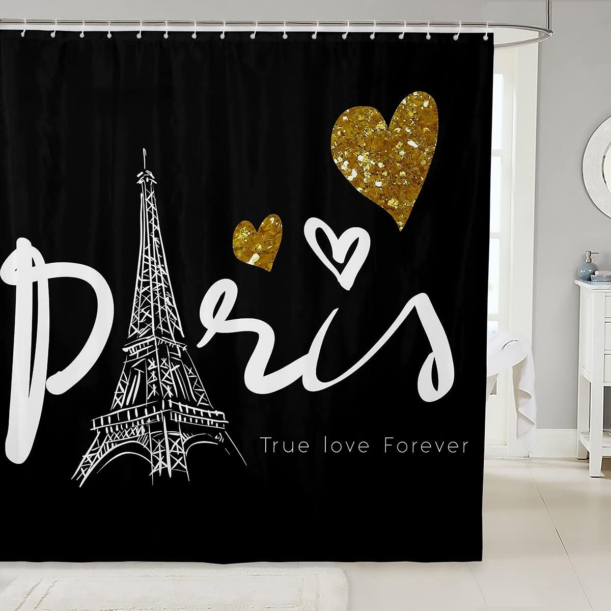 True Love Forever Paris Eiffel Tower Shower Curtain with Sequins and Lovely Hearts, Perfect for Valentine's Day