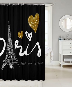 True Love Forever Paris Eiffel Tower Shower Curtain with Sequins and Lovely Hearts, Perfect for Valentine's Day