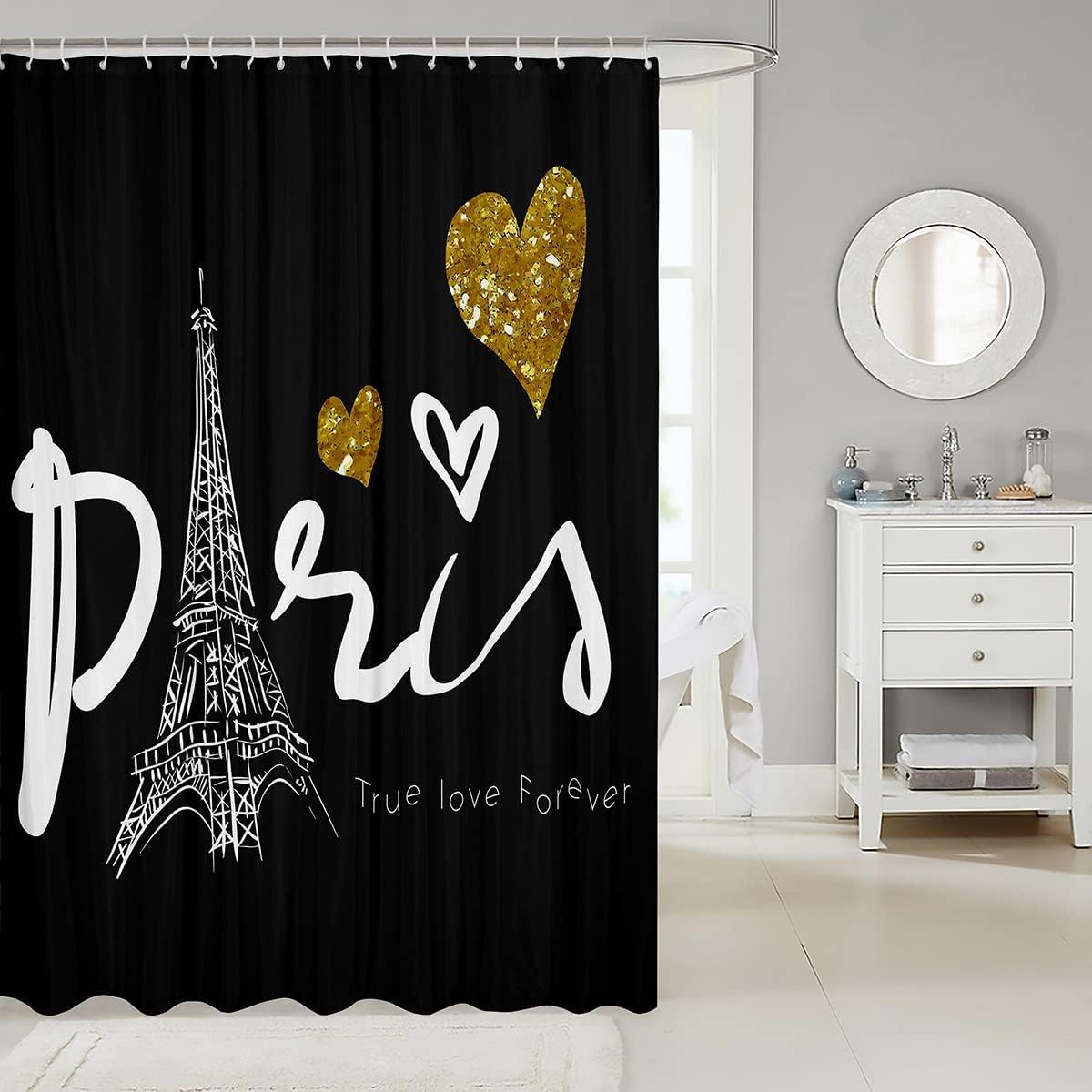 True Love Forever Paris Eiffel Tower Shower Curtain with Sequins and Lovely Hearts, Perfect for Valentine's Day