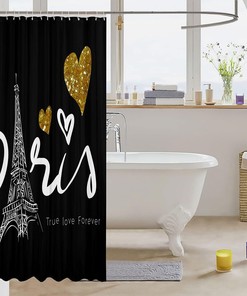 True Love Forever Paris Eiffel Tower Shower Curtain with Sequins and Lovely Hearts, Perfect for Valentine's Day