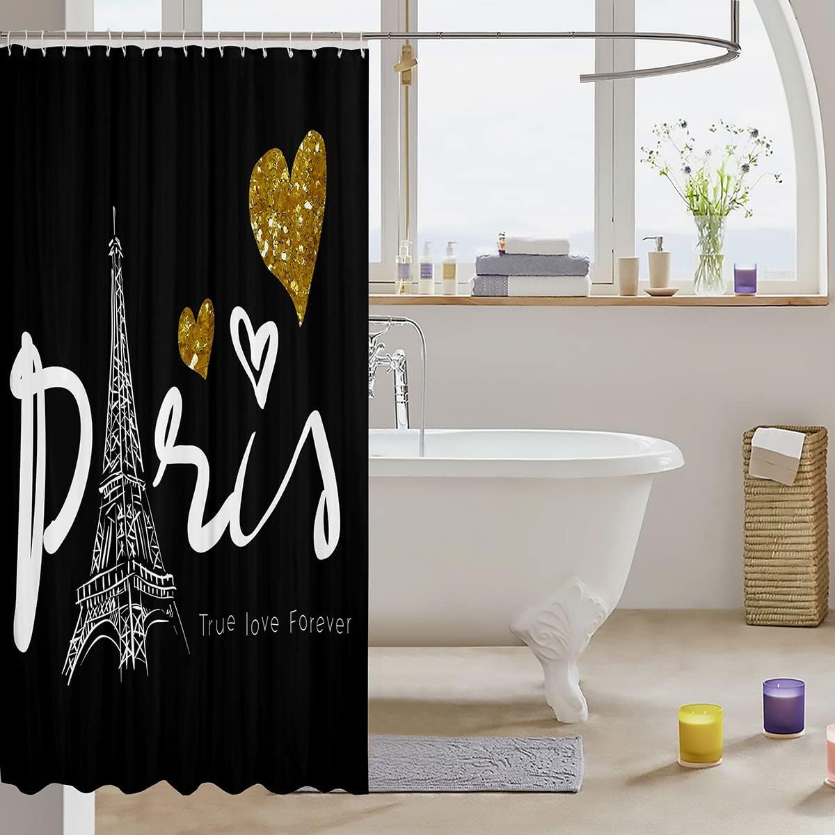 True Love Forever Paris Eiffel Tower Shower Curtain with Sequins and Lovely Hearts, Perfect for Valentine's Day
