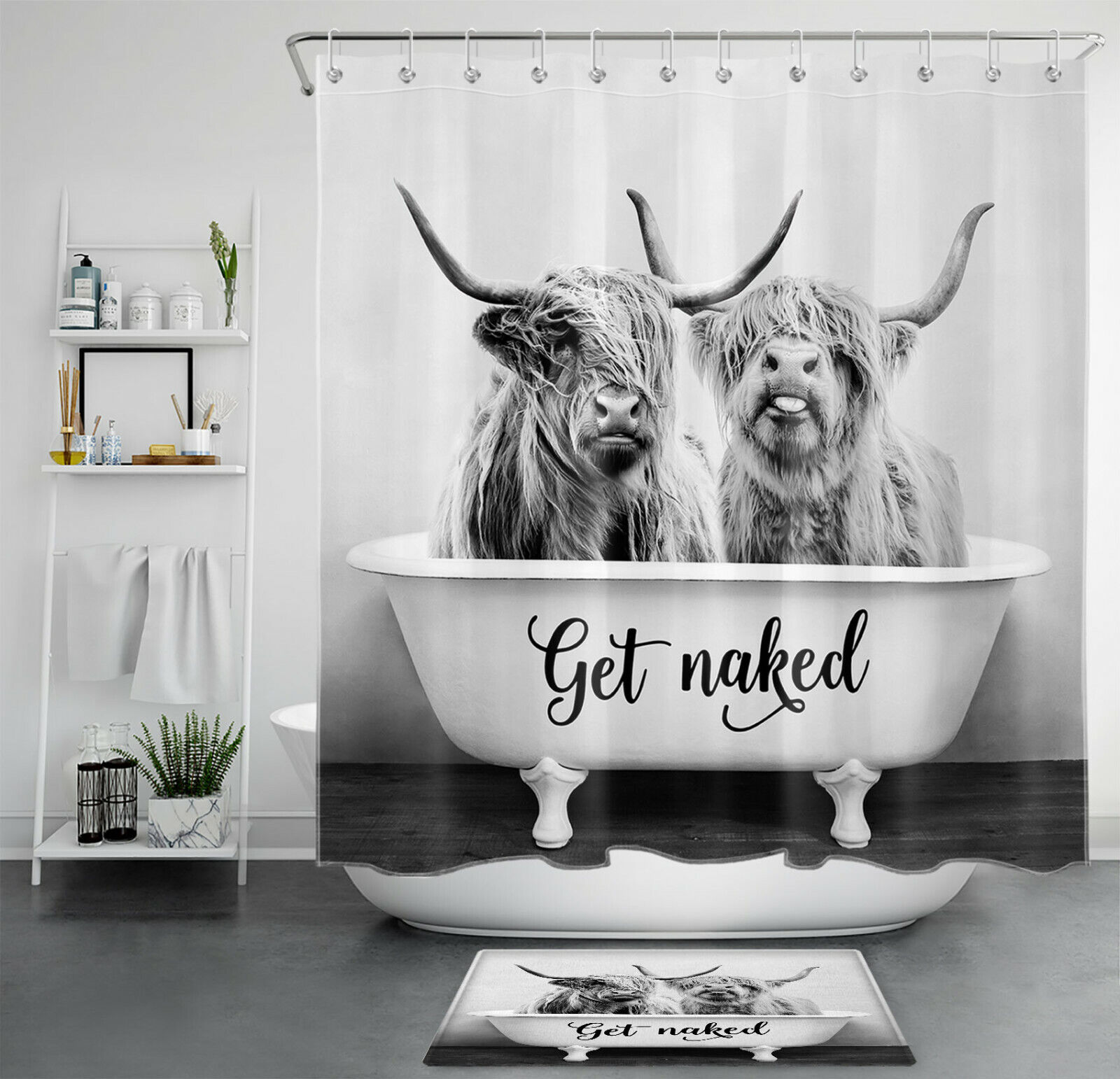 Tub Get Naked Highland Cow Shower Curtain Funny Bathroom Accessories