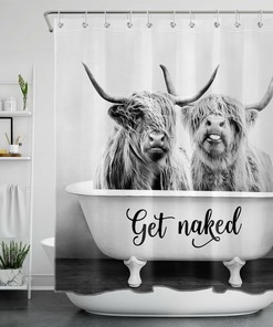 Tub Get Naked Highland Cow Shower Curtain Funny Bathroom Accessories