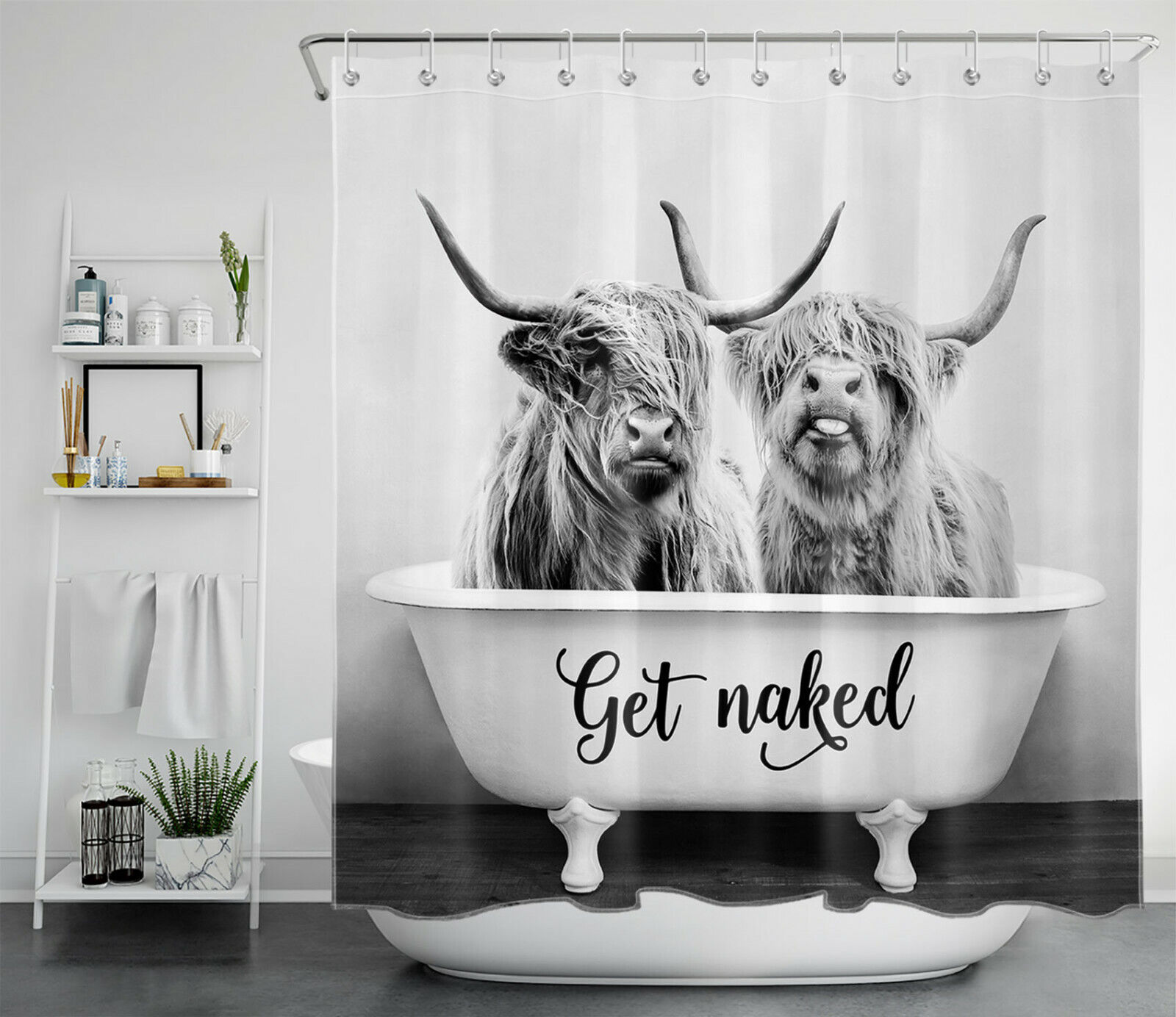 Tub Get Naked Highland Cow Shower Curtain Funny Bathroom Accessories