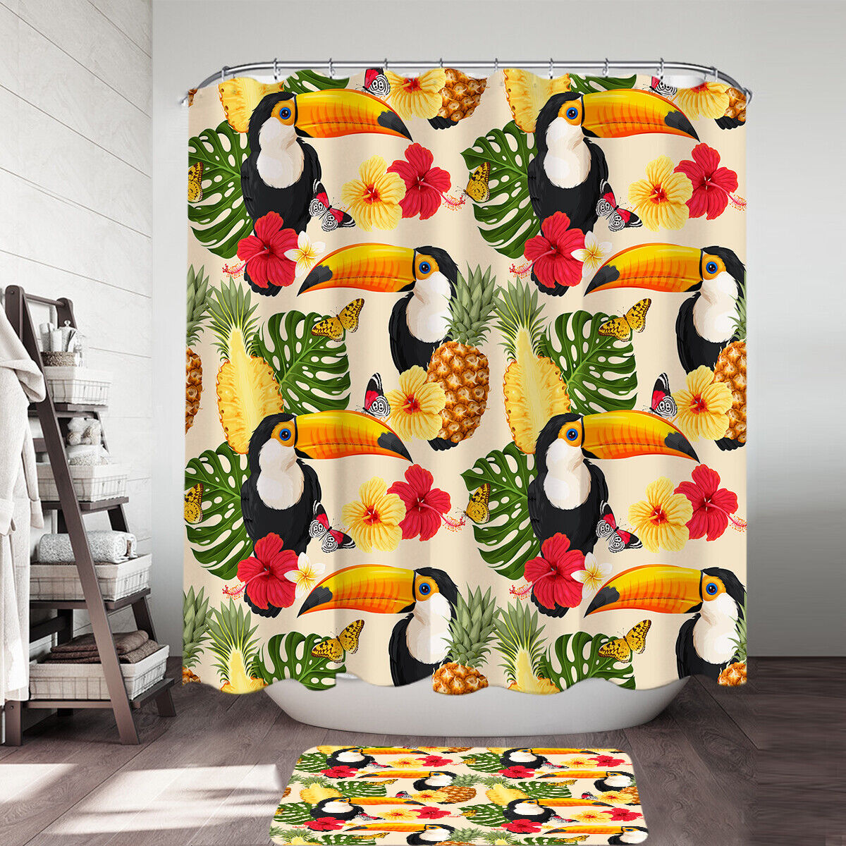 Tucan And Tropical Flower Printed Shower Curtain: Exotic And Vibrant Bath Accessory