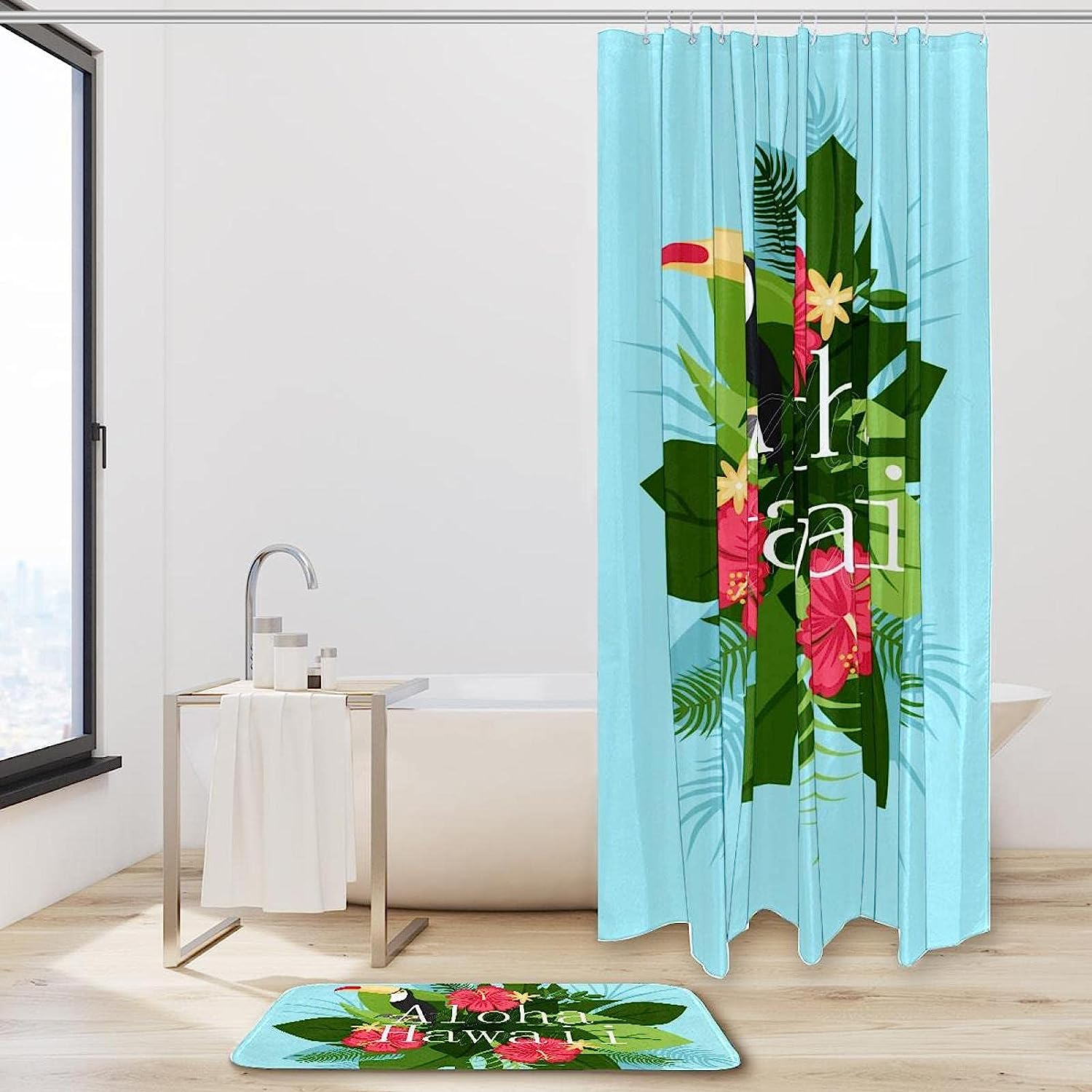 Tucan with Hawaii Aloha Shower Curtain, Set of 2, Waterproof Fabric for Bathroom Decor