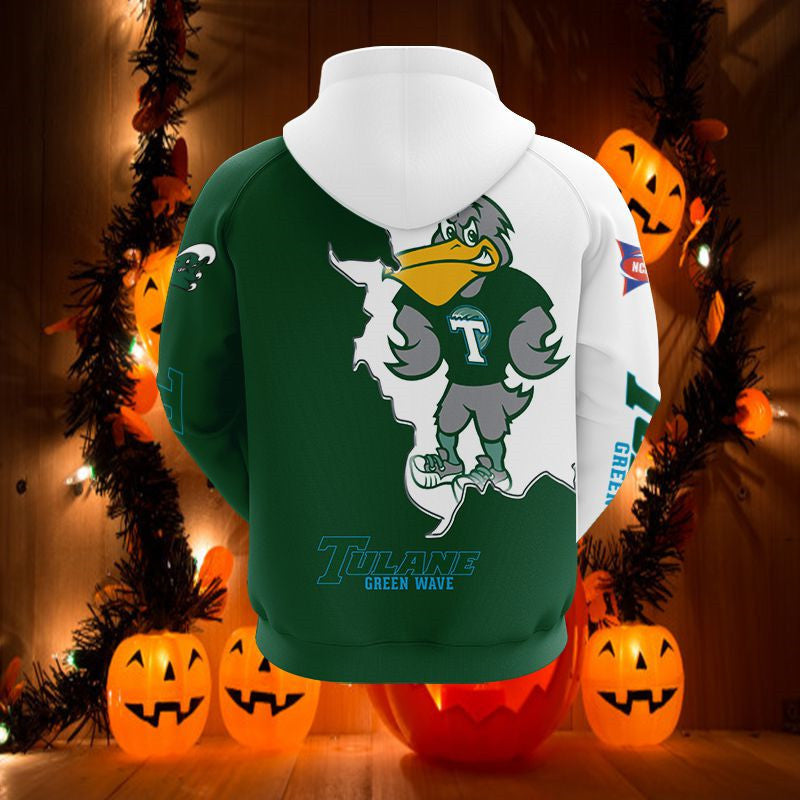 Tulane Green Wave Mascot Long Sleeve 3D Zip Hoodie For Fans