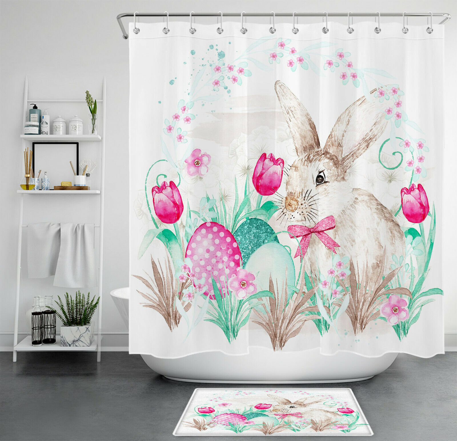 Tulip Colorful Eggs Easter Bunny Shower Curtain Bathroom Accessory
