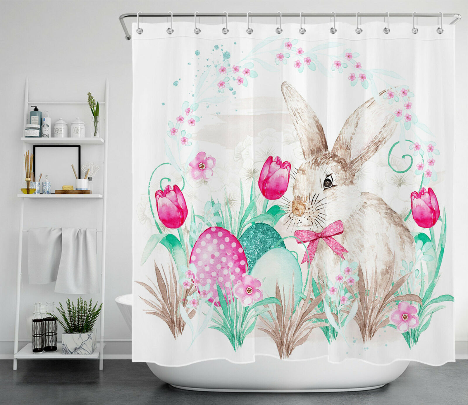 Tulip Colorful Eggs Easter Bunny Shower Curtain Bathroom Accessory