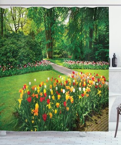 Tulip Flowers Trees Spring Floral Garden Print Shower Curtain For Bathroom 