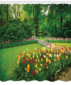 Tulip Flowers Trees Spring Floral Garden Print Shower Curtain For Bathroom