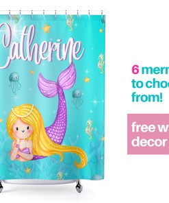 Turquoise Black Mermaid Bathroom Decor Shower Curtain for Little Girl's Bathroom